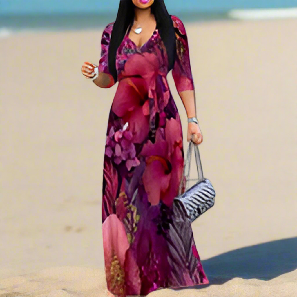 Purple Floral Maxi Dresses S‑3XL V‑Neck Wrap Style with Tie Waist & 3/4 Sleeves