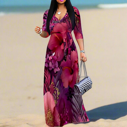 Purple Floral Maxi Dresses S‑3XL V‑Neck Wrap Style with Tie Waist & 3/4 Sleeves
