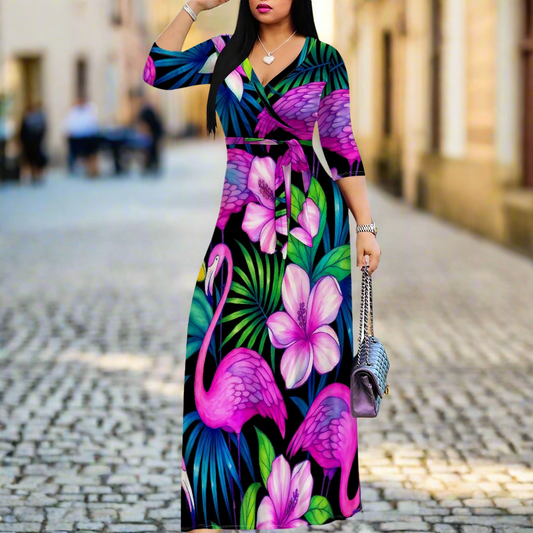 Tropical Flamingo Floral Wrap Dress for Women – Vibrant Summer Maxi Dresses – S-3XL