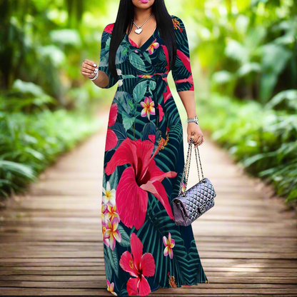 Black Tropical Floral Maxi Dresses S‑3XL V‑Neck Wrap Style with Tie Waist & 3/4 Sleeves
