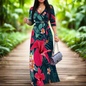 Black Tropical Floral Maxi Dresses S‑3XL V‑Neck Wrap Style with Tie Waist & 3/4 Sleeves