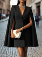 Elegant Double-Breasted Cape Blazer Dress – Chic Commuter Style with Shawl Sleeves