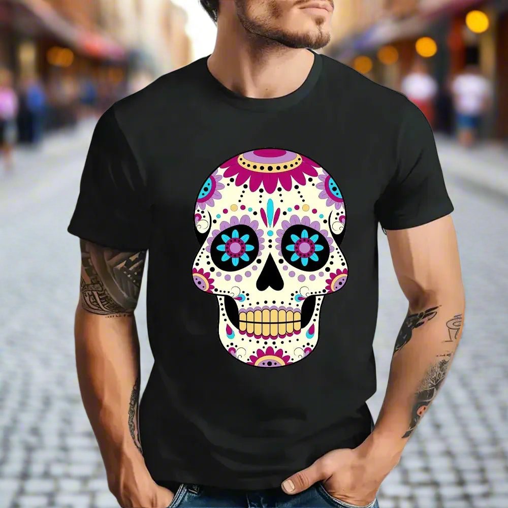 Day of the Dead Sugar Skull Anime T-Shirt - Casual Halloween Design