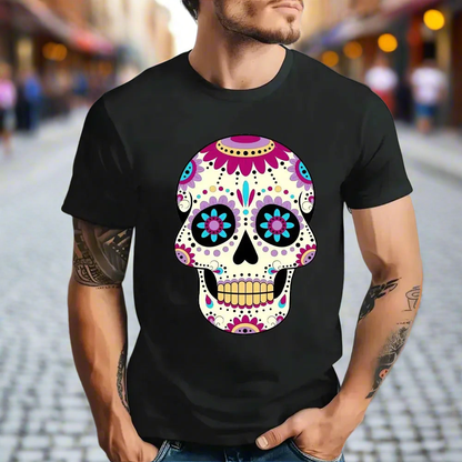 Day of the Dead Sugar Skull Anime T-Shirt - Casual Halloween Design