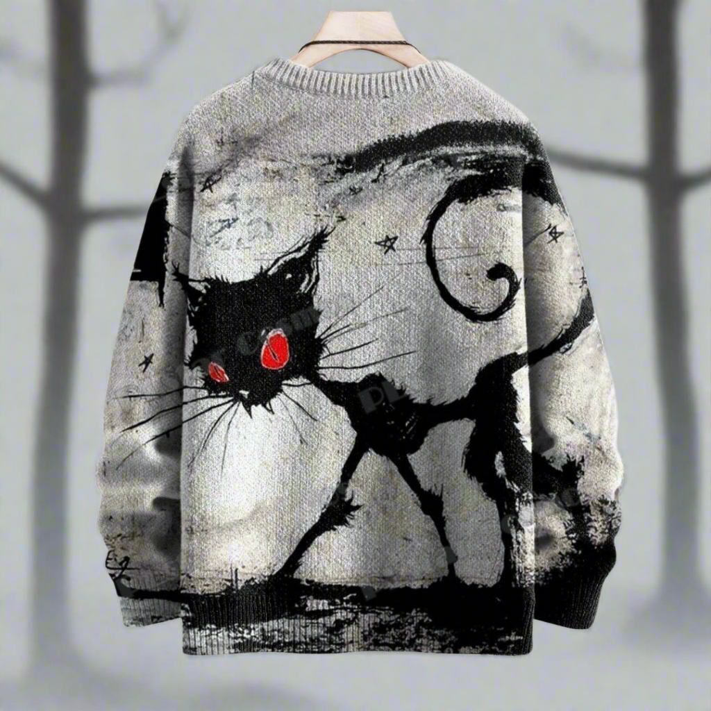 Abstract black and white graphic sweater featuring a stylized spooky black cat in a swirling, monochrome art style.