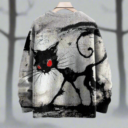 Abstract black and white graphic sweater featuring a stylized spooky black cat in a swirling, monochrome art style.