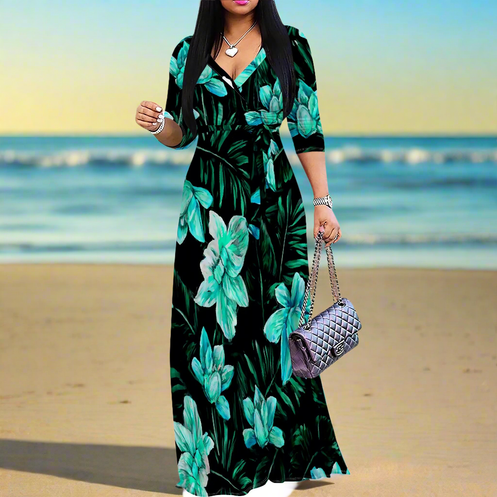 Women's Tropical Print Maxi Dress: V-Neck Wrap Style with Belt, Long Summer Dress (XS–3XL)