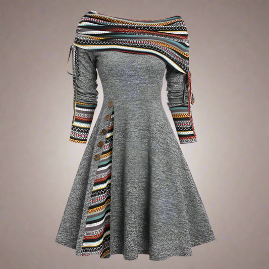 Women's Fall Winter Off-Shoulder A-Line Dress – Convertible Neck, Long Sleeve, Colour block Midi with Button Detail