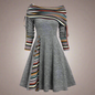 Women's Fall Winter Off-Shoulder A-Line Dress – Convertible Neck, Long Sleeve, Colour block Midi with Button Detail
