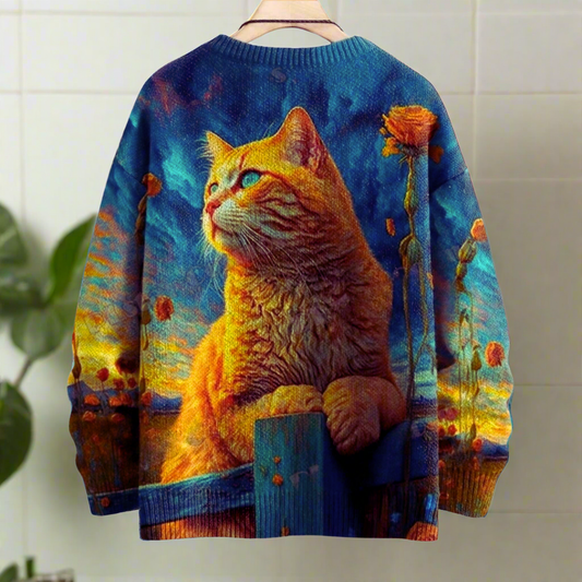 Majestic golden cat art 3D-print sweater in fiery orange and deep blue, vintage-style animal graphic.