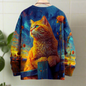 Majestic golden cat art 3D-print sweater in fiery orange and deep blue, vintage-style animal graphic.