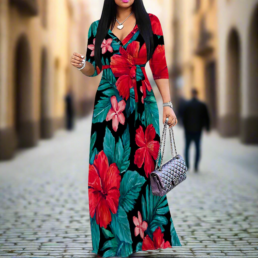 Women's Tropical Print Maxi Dress: V-Neck Wrap Style with Belt, Long Summer Dress (XS–3XL)