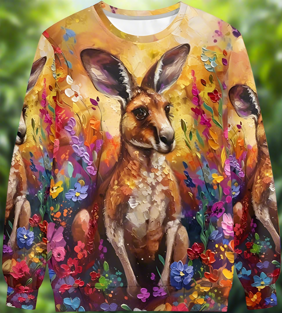 Stylish kangaroo 3D animal sweatshirt – unisex long sleeve O-neck pullover with colourful floral backdrop, great for autumn and spring fashion