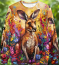 Stylish kangaroo 3D animal sweatshirt – unisex long sleeve O-neck pullover with colourful floral backdrop, great for autumn and spring fashion