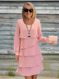 Elegant Tiered Long Sleeve Dress – Slimming Loose Fit | Solid Colour Commuter Style in Black, Blue, Pink & Red (S–3XL)
