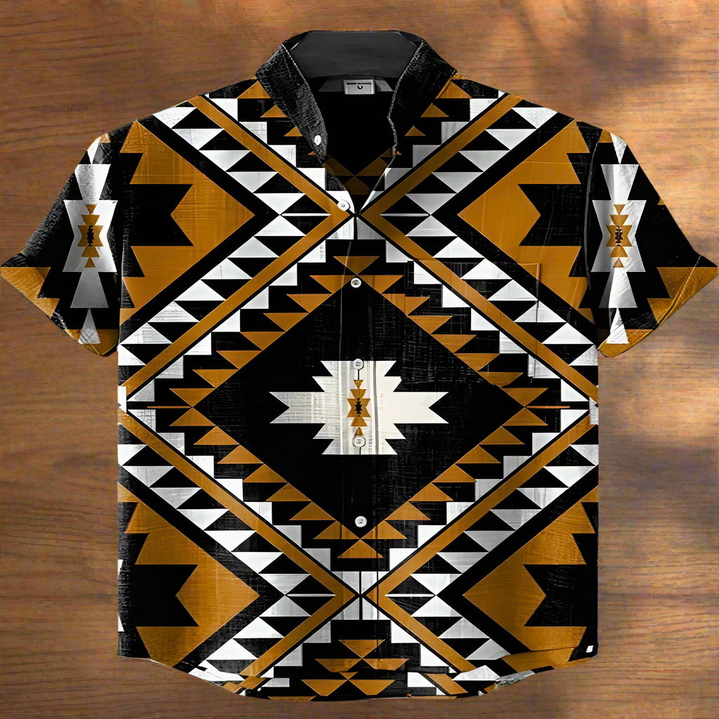 Men’s Retro Ethnic Tribal Print Shirt – Vintage African Style Bamboo Linen Short Sleeve Casual Top | Festival, Beach & Streetwear Fashion