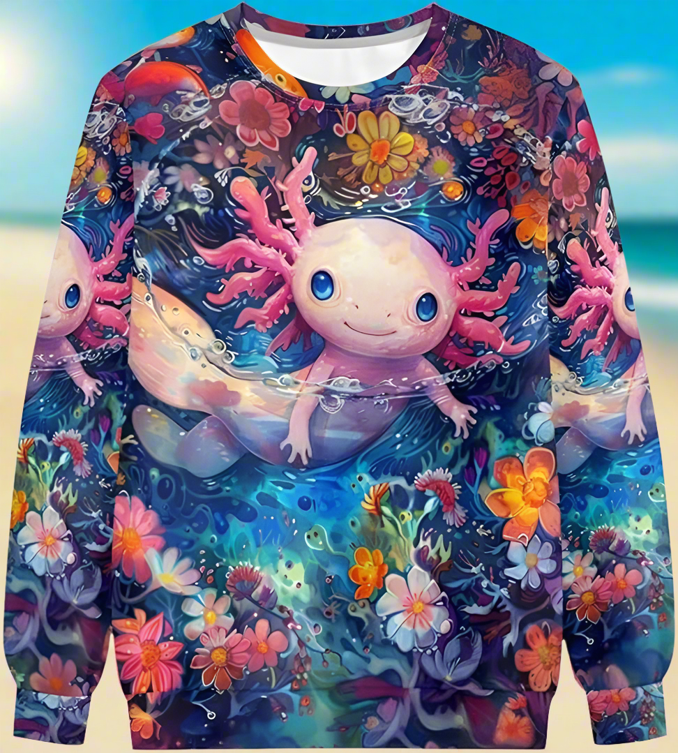 Cool 3D axolotl floral print sweatshirt – unisex long sleeve O-neck top with dreamy underwater flower pattern, ideal for Harajuku and anime fans