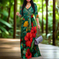 Tropical Floral Print Maxi Dress with Waist Tie, V-Neck, 3/4 Sleeve, Plus Size S-3XL