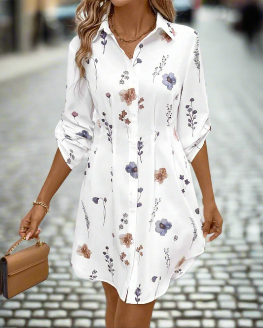 Chic Floral Print Lapel Shirt Dress – Long Sleeve Elegant Commuter Style