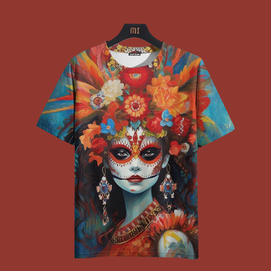 Vibrant Day of the Dead graphic t-shirt featuring a colourful sugar skull design of a woman adorned with an intricate floral crown, bold makeup, and dangling earrings, perfect for casual wear