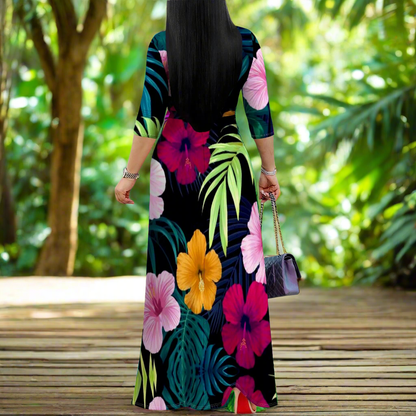 Black Tropical Floral Maxi Dresses S‑3XL V‑Neck Wrap Style with Tie Waist & 3/4 Sleeves