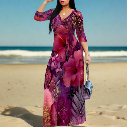 Purple Floral Maxi Dresses S‑3XL V‑Neck Wrap Style with Tie Waist & 3/4 Sleeves