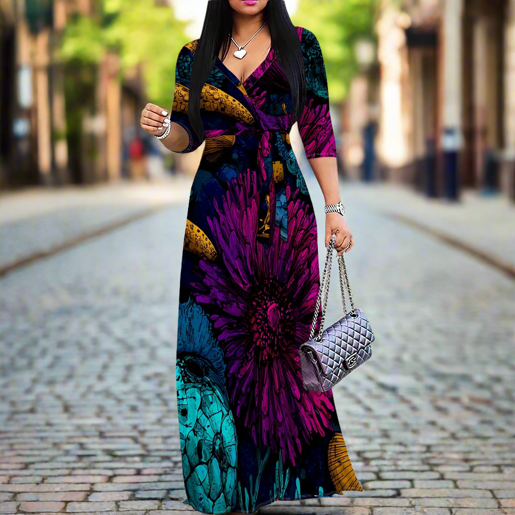 Woman wearing a vibrant printed 3/4 sleeve V-neck maxi dress with a detachable belt, walking down a cobblestone street in a city setting.