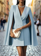 Elegant Double-Breasted Cape Blazer Dress – Chic Commuter Style with Shawl Sleeves