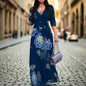 Purple Floral Maxi Dresses S‑3XL V‑Neck Wrap Style with Tie Waist & 3/4 Sleeves