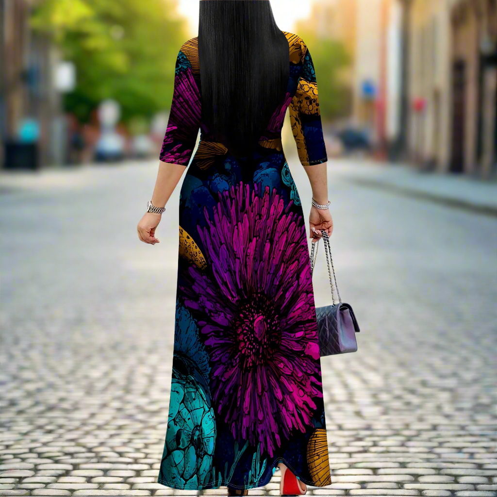 Back view of a woman in a colourful print maxi dress with a loose fit,showcasing the full length and flowy silhouette on a city sidewalk.