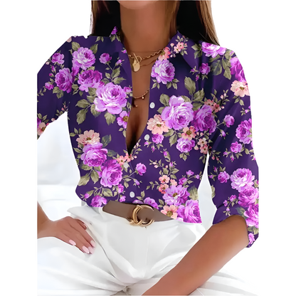 Women's Floral Print Button-Up Blouse – Long Sleeve Loose Fit Vintage Shirt