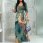 Black Tropical Floral Maxi Dresses S‑3XL V‑Neck Wrap Style with Tie Waist & 3/4 Sleeves
