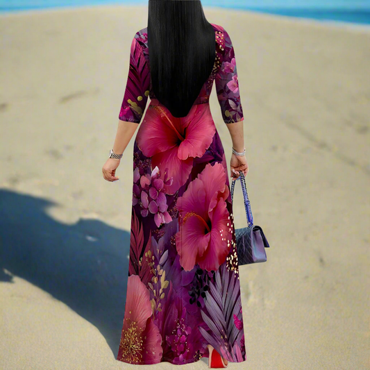 Purple Floral Maxi Dresses S‑3XL V‑Neck Wrap Style with Tie Waist & 3/4 Sleeves