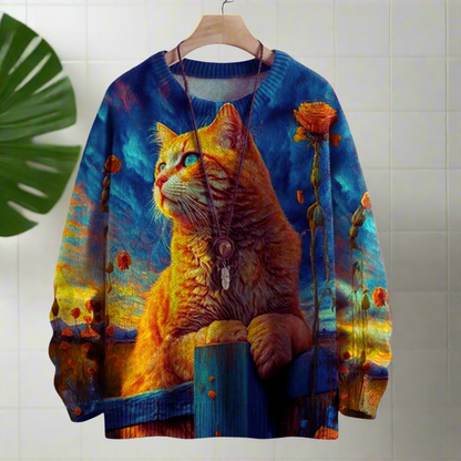Vintage-Inspired Cat Art 3D Print Unisex Pullover Sweaters - Cosy Novelty Knitwear