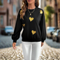 Women's Black Pullover Sweater with Gold Heart Print – Cute & Casual Loose Fit