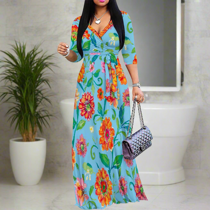 Women's Tropical Print Maxi Dress: V-Neck Wrap Style with Belt, Long Summer Dress (XS–3XL)