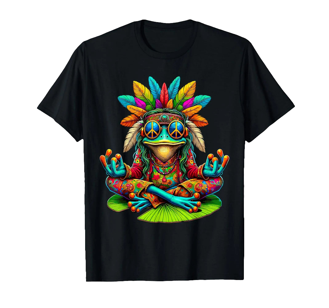Black cotton t-shirt with a colorful meditating frog, peace sign sunglasses, and feather headdress graphic design