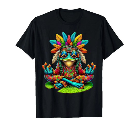 Black cotton t-shirt with a colorful meditating frog, peace sign sunglasses, and feather headdress graphic design