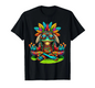Black cotton t-shirt with a colorful meditating frog, peace sign sunglasses, and feather headdress graphic design