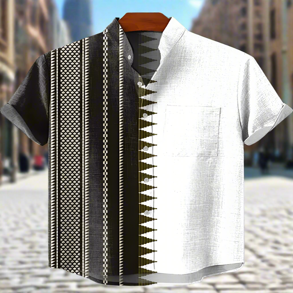 Men’s Retro Ethnic Tribal Print Shirt – Vintage African Style Casual Linen Bamboo Fibre Top | Short Sleeve Holiday & Streetwear Fashion