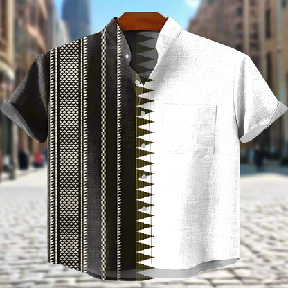 Men’s Retro Ethnic Tribal Print Shirt – Vintage African Style Casual Linen Bamboo Fibre Top | Short Sleeve Holiday & Streetwear Fashion
