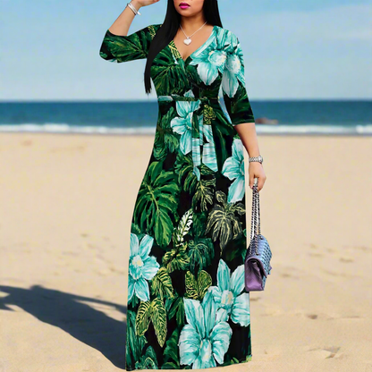 Women's Tropical Print Maxi Dress: V-Neck Wrap Style with Belt, Long Summer Dress (XS–3XL)