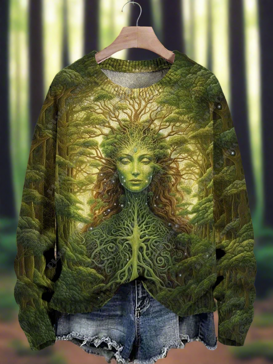 Unisex Mother Nature sweater featuring a green forest goddess design with tree roots and branches, thick polyester pullover with O-neckline