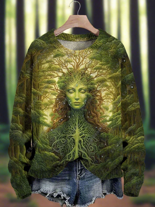 Unisex Mother Nature sweater featuring a green forest goddess design with tree roots and branches, thick polyester pullover with O-neckline