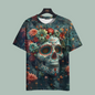Gothic-inspired sugar skull t-shirt with floral background, perfect for casual and festival wear