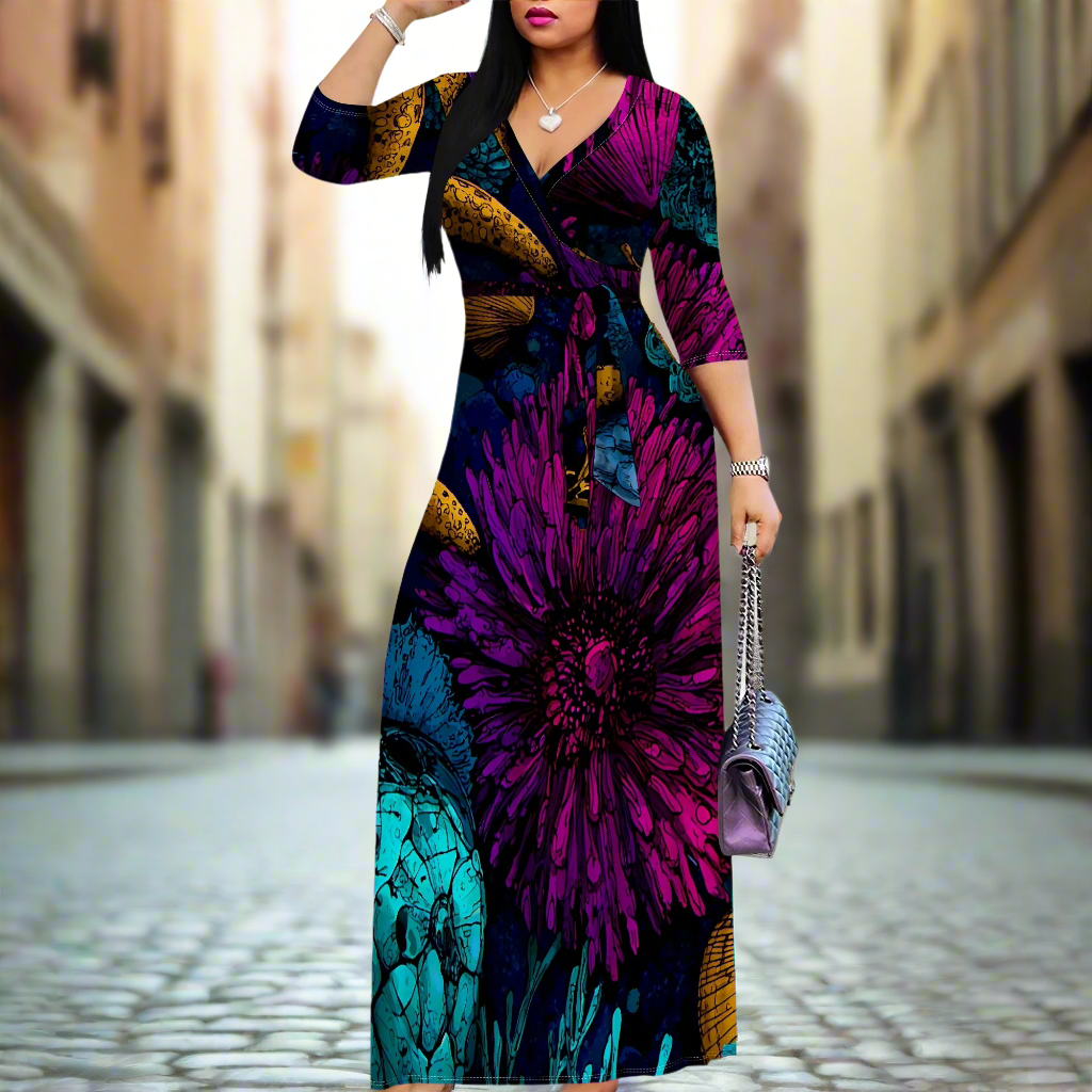 Side view of a woman in a floral-patterned 3/4 sleeve maxi dress with a V-neckline and belt, holding a handbag while walking outdoors.