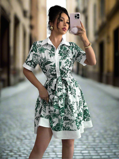 Elegant Floral Print Belted Shirt Dress – Short Sleeve Waist-Tie Summer Dresses