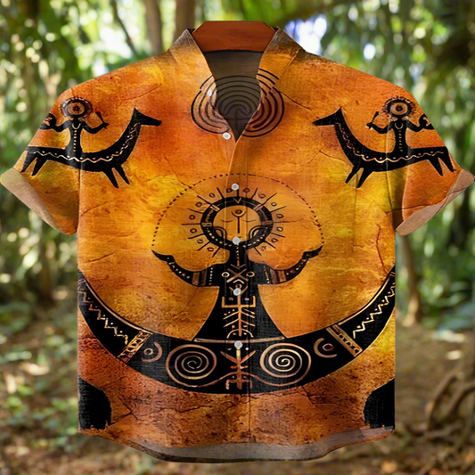 Men's Retro Ethnic Tribal Short Sleeve Shirt – Vintage African-Inspired Print Casual Top for Beach, Festivals & Street Style