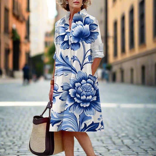 Size guide for women's printed maxi dress – detailed product parameters including size, length, and fit information for S to 5XL