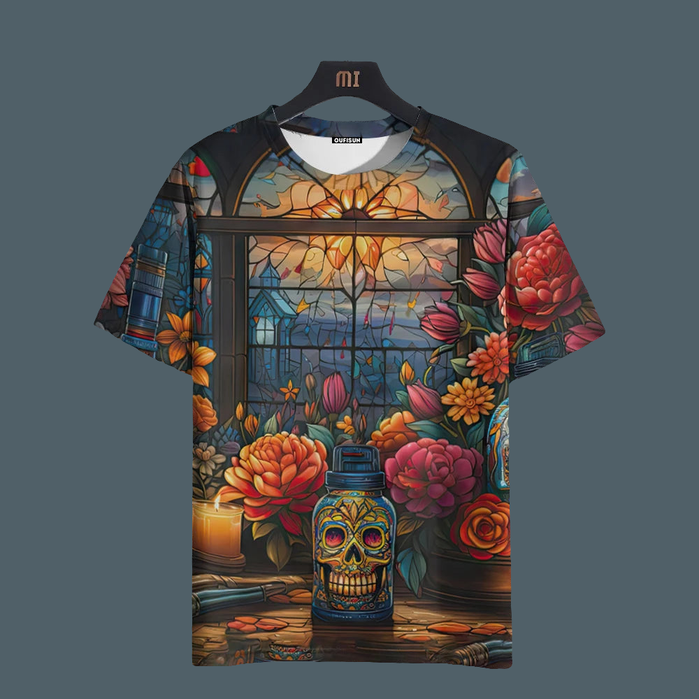 Gothic-inspired sugar skull t-shirt with floral background
